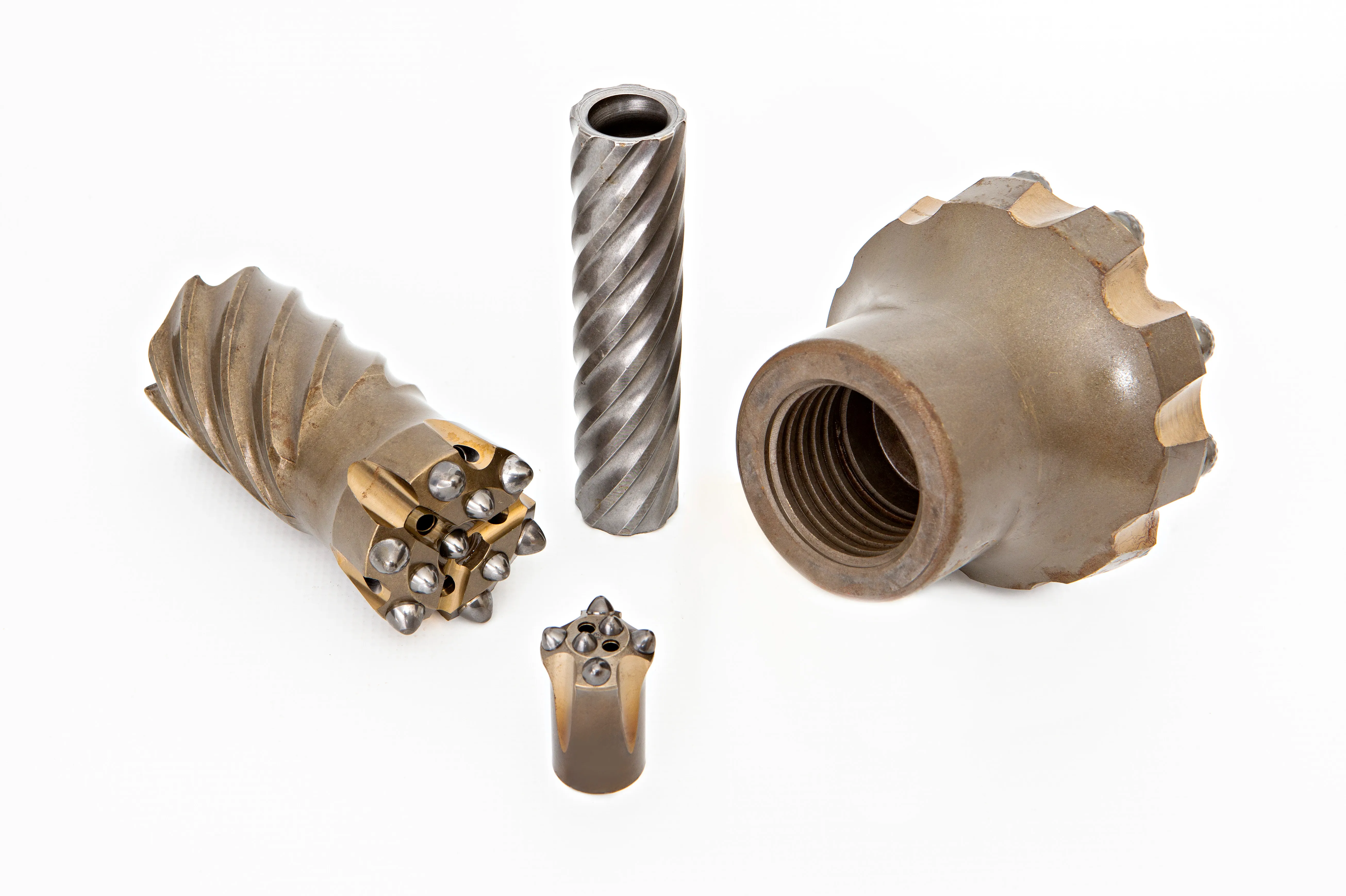 Threaded button bits with spiral shanks for mechanised drilling